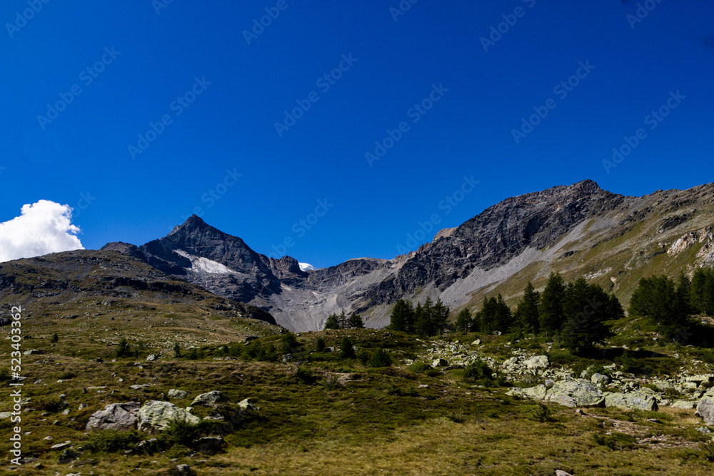 Paesaggio delle montagne svizzere. Sullo sfondo il cielo e nuvole