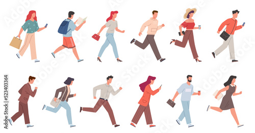 Hurrying people. Flat male and female characters, running citizens in casual clothes, simple workers and students late, busy men and women with smartphone and bags. Nowaday vector cartoon set