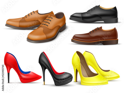 Realistic classic footwear. Male and female isolated shoes, natural brown and black leather boots with lacing, red black and yellow high heeled shoes, side view objects, utter vector set