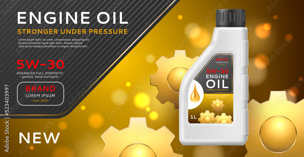 Realistic fuel poster. Motor mineral oil plastic bottle, golden gears