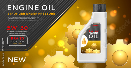 Realistic fuel poster. Motor mineral oil plastic bottle, golden gears and drop, car engine care, 3d isolated canister, advertising banner template, auto promotional flyer utter vector concept