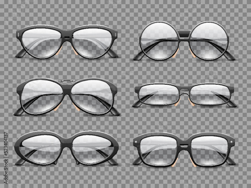 Realistic glasses. Ocular plastic frames with transparent lenses, classic models top and angle view, eyes care, vision improvement objects different from, fashion accessory utter vector set
