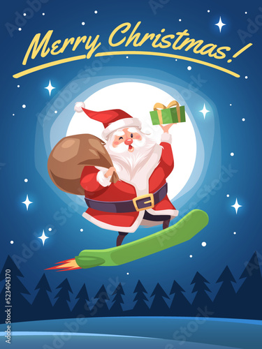 Santa poster. Cartoon cute santa delivers gifts, flying skateboard, funny christmas character, night winter forest background, extreme sport, merry xmas text, greeting card, tidy vector concept