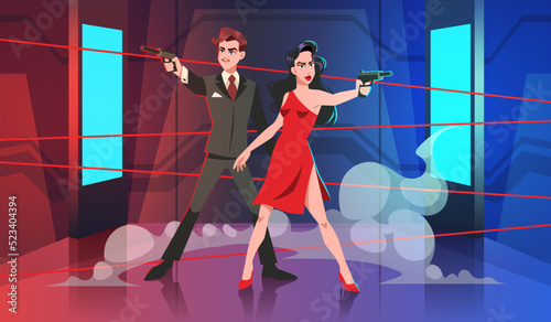 Secret special agents illustration. Spy couple with guns in room with lasers, man and woman undercover special agent, formal suit and red dress, criminal scene tidy vector cartoon concept