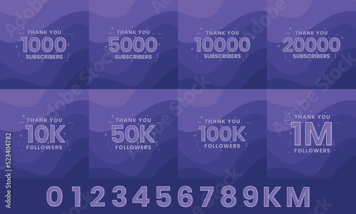 Thank you Subscribers Greeting card bundle. Thank you 1000, 1k, 10000, 10k, 50k, 1M Subscribers celebration social media bundle design.