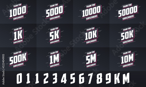 Thank you Subscribers Greeting card bundle. Thank you 1000, 1k, 10000, 10k, 50k, 1M Subscribers celebration social media bundle design.