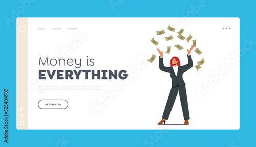 Wealth and Prosperity Landing Page Template. Successful Businesswoman Millionaire, Financial Growth, Rich Business Woman