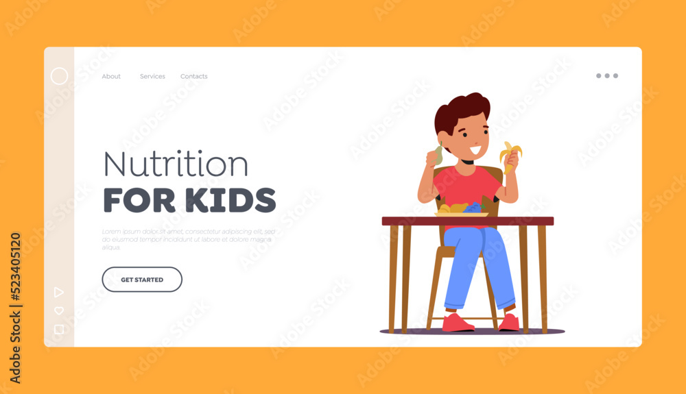 Nutrition for Kids Landing Page Template. Little Boy Eating Fresh Fruits, Kid Eat Healthy Food, Child Sit at Table