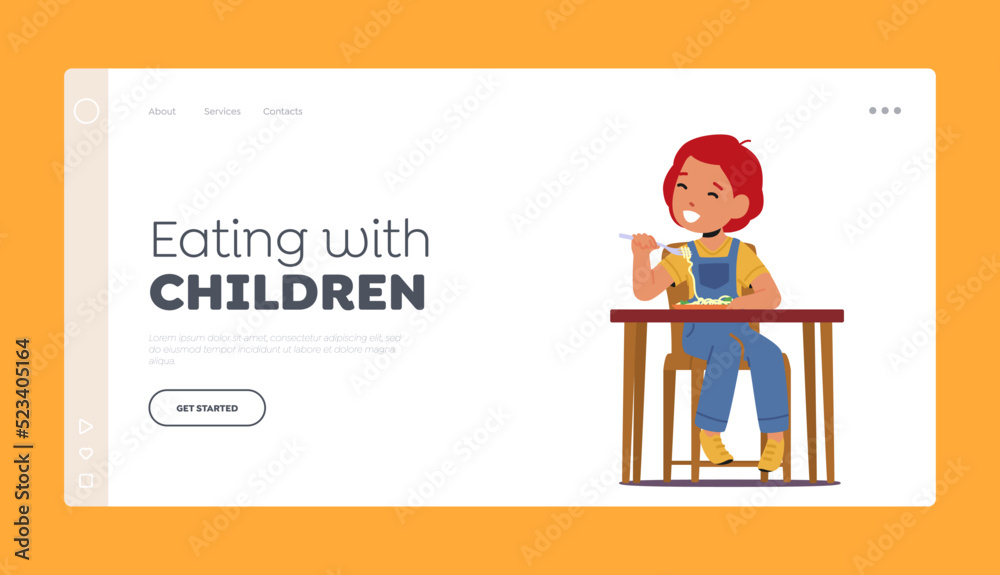 Eating with Children Landing Page Template. Little Kid Enjoying Tasty Food, Red Head Smiling Child Eat Spaghetti