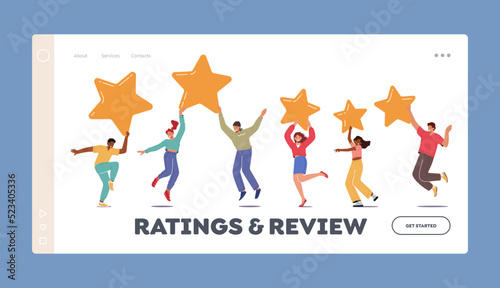 Rating and Review Landing Page Template. Tiny Clients Characters Holding Huge Stars. Consumer Feedback or Evaluation