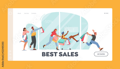 Best Sales Landing Page Template. People Run for Shopping Sale. Excited Male and Female Characters Hurry to Buy Things