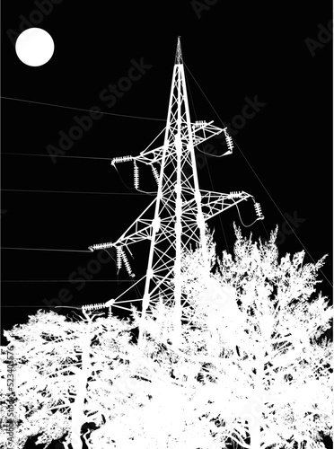 electric single pylon in white high trees forest