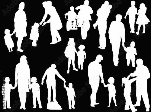 parents and children silhouettes isolated on black