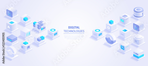 Web banner design of digital technologies concept. Abstract isometric cubes with text place on white background. Online communication and blockchain. Vector illustration of advertising landing page
