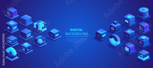 Web banner design of digital technologies concept. Abstract isometric cubes with text place on blue background. Online communication and blockchain. Vector illustration of advertising landing page