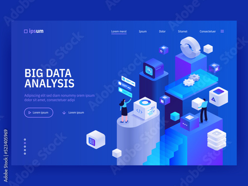 Big data analysis website landing page template. Abstract 3d datacenter. Network mainframe infrastructure. Computer storage or farming workstation. Isometric vector illustration.
