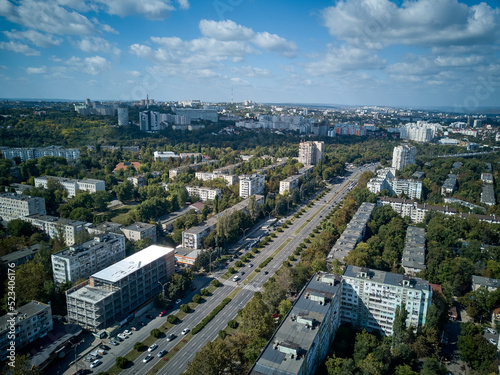 Aerial view of drone flying over city. Kishinev, Moldova republic of.