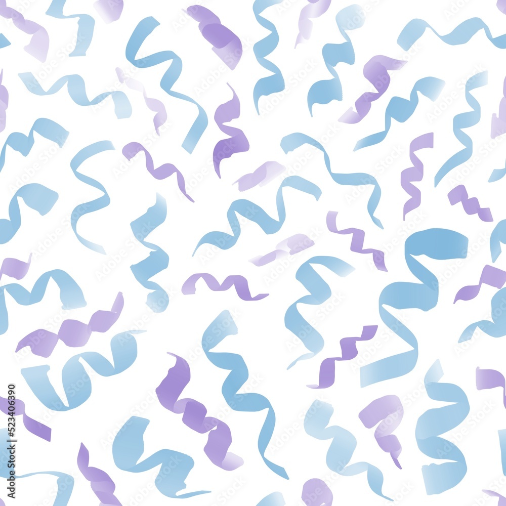 Seamless festive pattern, ribbons, confetti, blue and purple on a white background