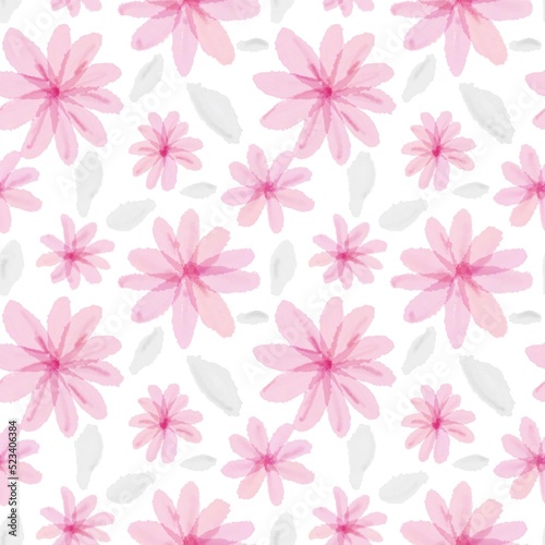 Seamless decorative pattern of simple watercolor flowers in pink and gray