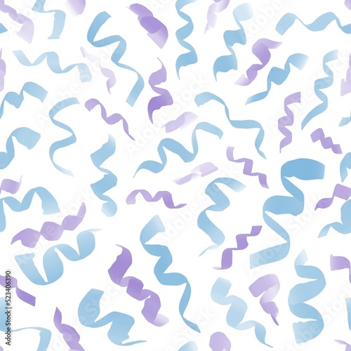 Seamless festive pattern  ribbons  confetti  blue and purple on a white background