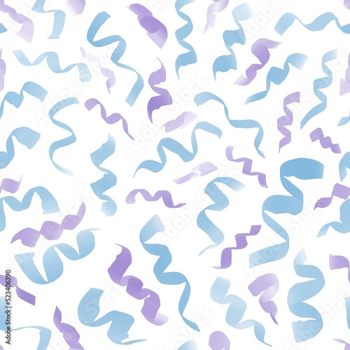 Seamless festive pattern, ribbons, confetti, blue and purple on a white background