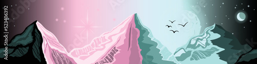 Panoramic landscape - mountains, sun, moons, flock of birds, day and night