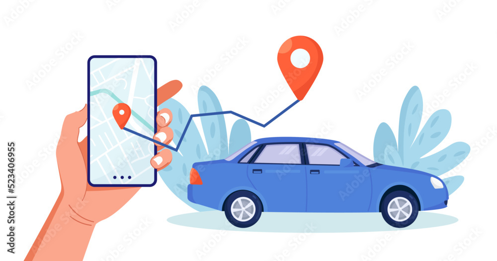 Online car rent. People using mobile application for ordering taxi cab ...