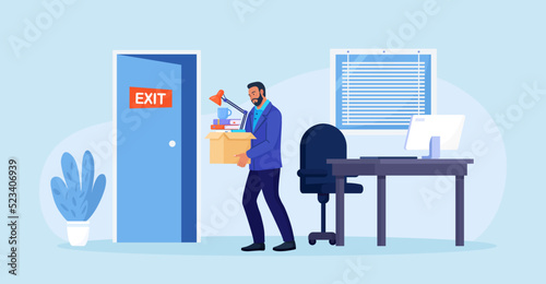 Dismissal, employee replacement. Unhappy man dismissed from job, leave office with stuff in box. Unemployed jobless benefit. Unemployment dismissal of workers. Layoff, crisis, employee job reduction