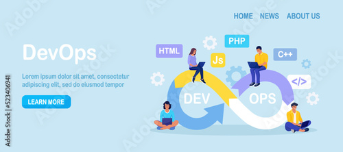 DevOps concept. Programmers practice of development and software operations. Developer working on operations process, technical support, programming code. Programmer using devOps method. Vector design