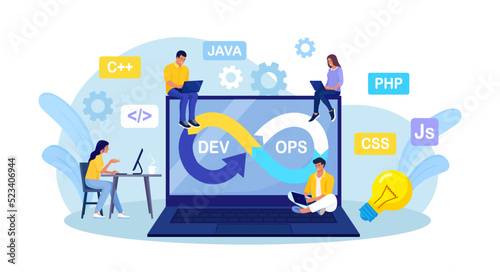 DevOps concept. Programmers practice of development and software operations. Developer working on operations process, technical support, programming code. Programmer using devOps method. Vector design