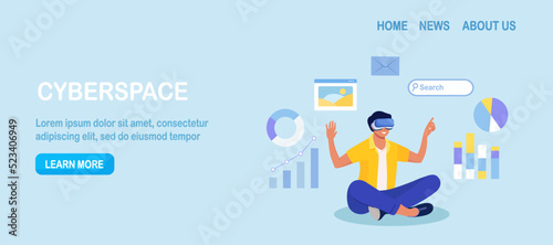 Cyberspace. Metaverse Digital Virtual Reality Technology. Innovation Interactive Education at Home. Man in VR Glasses and Headset Learning and Touching Elements of Simulation. Cyber Technology