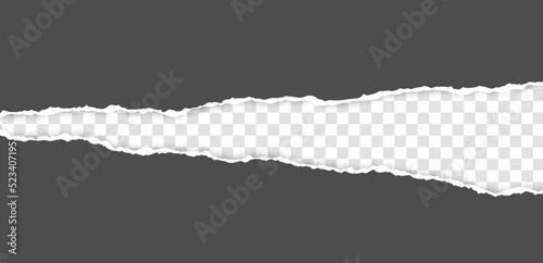 Torn cardboard. Realistic, torn, ripped strip of dark grey paper with a light shadow on a transparent background.