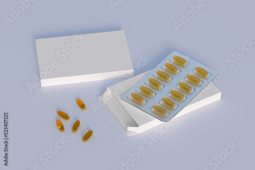 Editable mockup of fish oil omega 3 golden capsules in a blister pack. 3d rendering.
