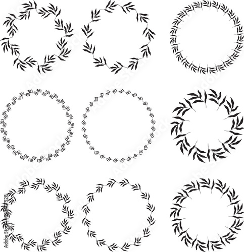 Illustration of collection of assorted circle shaped black frames made of plants on white isolated background