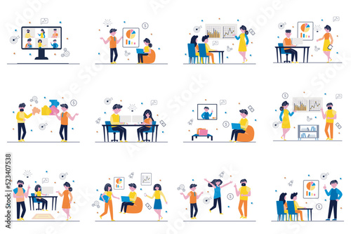 Business meeting concept with tiny people scenes set in flat design. Bundle of men and women discuss tasks in video conference, work in office, analyze data and brainstorm. Vector illustration for web