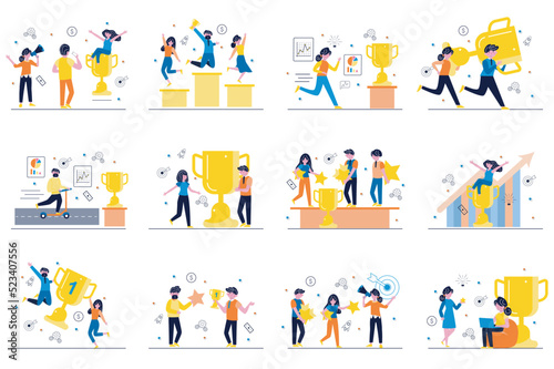 Business award concept with tiny people scenes set in flat design. Bundle of men and women getting reward, trophy or prize for goal achievement and career development. Vector illustration for web