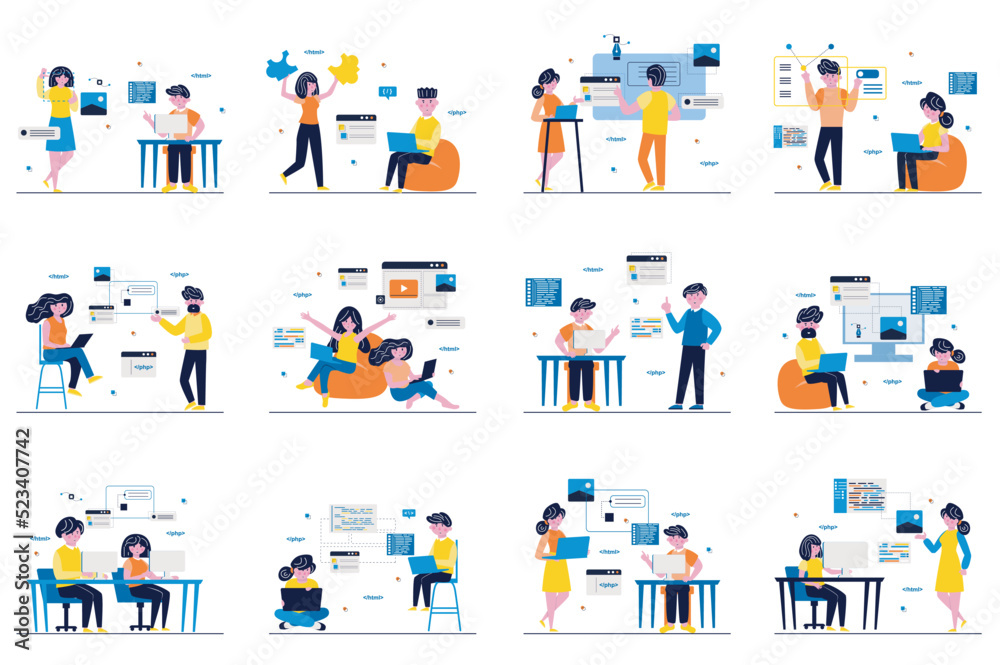 Web development concept with tiny people scenes set in flat design. Bundle of men and women developers working, creating webpages layouts, testing, coding and optimization. Vector illustration for web Web development concept with tiny people scenes set in flat design. Bundle of men and women developers working, creating webpages layouts, testing, coding and optimization. Vector illustration for web