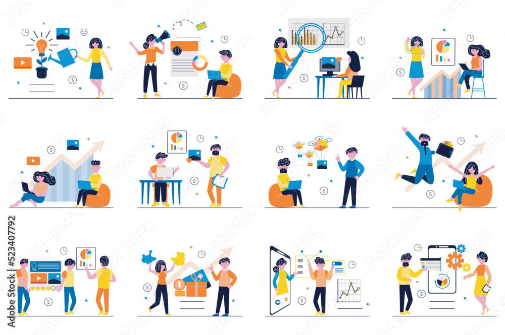 Digital marketing concept with tiny people scenes set in flat design. Bundle of men and women create digital content, make advertising, analyze data, online promotion. Vector illustration for web