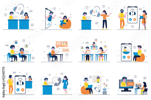 Call center concept with tiny people scenes set in flat design. Bundle of men and women operators answer calls, consult customers online, tech support and solve problems. Vector illustration for web