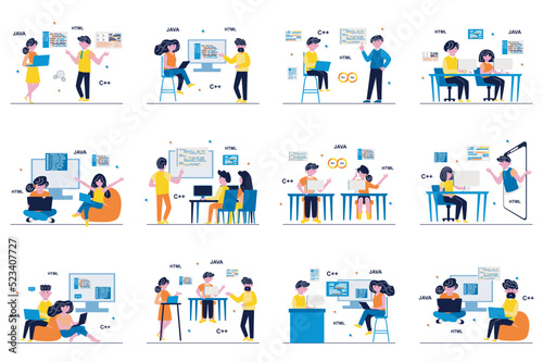 Programming software concept with tiny people scenes set in flat design. Bundle of men and women developers working on projects, testing, coding and software engineering. Vector illustration for web