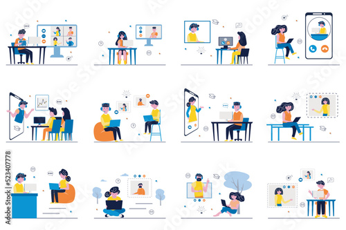 Video conference concept with tiny people scenes set in flat design. Bundle of men and women talking with friends and discussing with colleagues online at video chat. Vector illustration for web