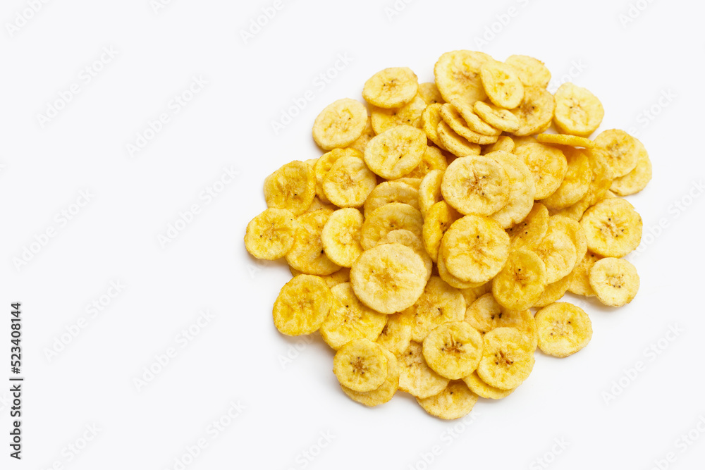 Banana slice chips on white background. Banana slice chips on white background.