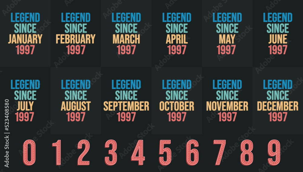 Legend since 1997 all month includes. Born in 1997 birthday design bundle  for January to December Stock Vector | Adobe Stock