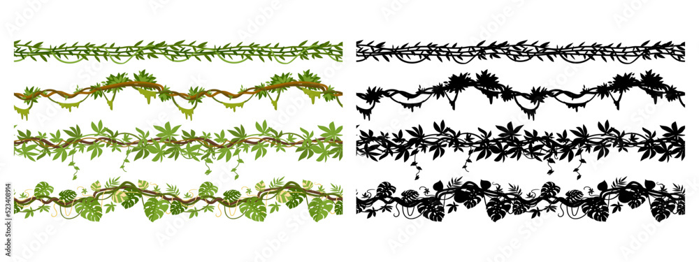 Cartoon jungle liana branches, hanging creepers seamless dividers. Tropical green liana plants with flowers and foliage flat vector illustration set. Jungle rainforest lianas silhouettes - obrazy, fototapety, plakaty 