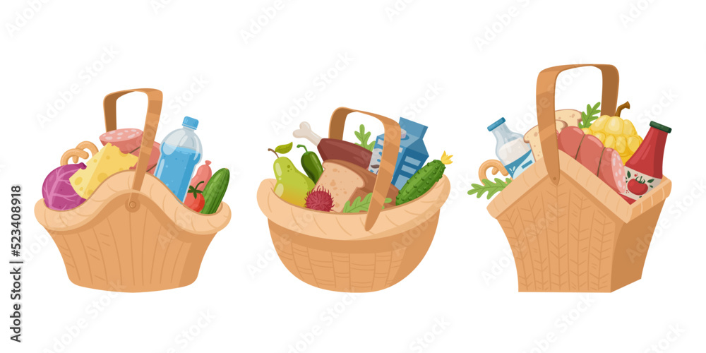 Cartoon picnic wicker baskets, grocery shopping or picnic snacks. Hamper handle baskets with vegetable, fruits, cheese and bread flat vector illustration set. Wicker picnic baskets - obrazy, fototapety, plakaty 