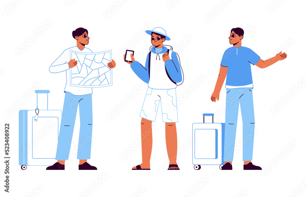 Cartoon travellers group with map, travellers outline characters. Traveling people, tourists finding map location vector illustrations set. Flat tourist people scene