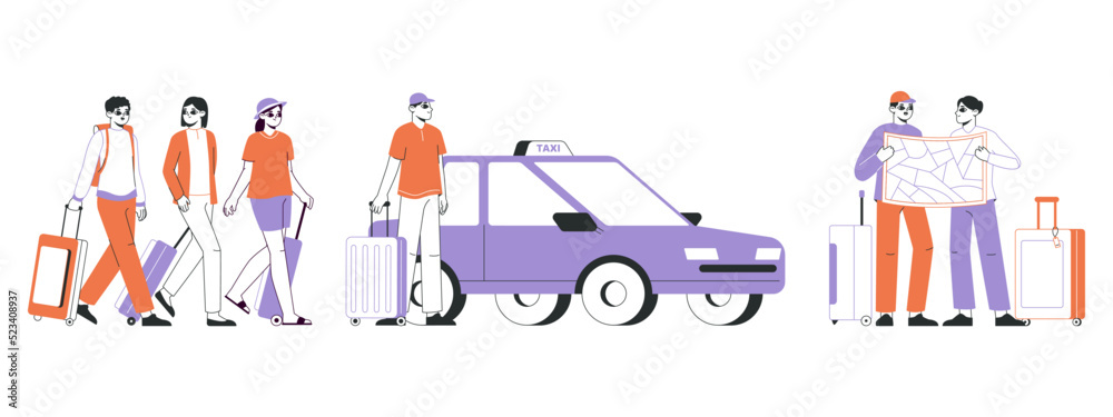 Flat travellers tourist characters, outline traveling people. Vacation or business tourists take taxi or walk with suitcases flat vector illustrations set. Tourist characters scenes
