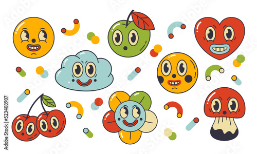 Cartoon funny comic characters, abstract stickers faces. Heart, cloud, mushroom and cherry mascots flat vector symbols illustration set. Cute comic emoji bundle