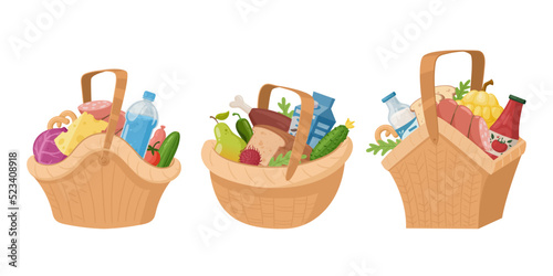 Cartoon picnic wicker baskets, grocery shopping or picnic snacks. Hamper handle baskets with vegetable, fruits, cheese and bread flat vector illustration set. Wicker picnic baskets