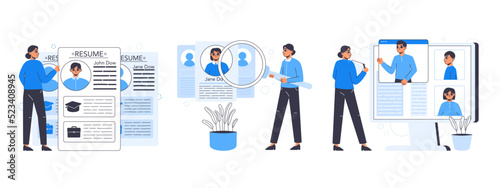 Headhunting agency recruitment, job interview and hiring process. People searching job, HR specialist and work position candidates flat vector illustration set. Job interview scenes